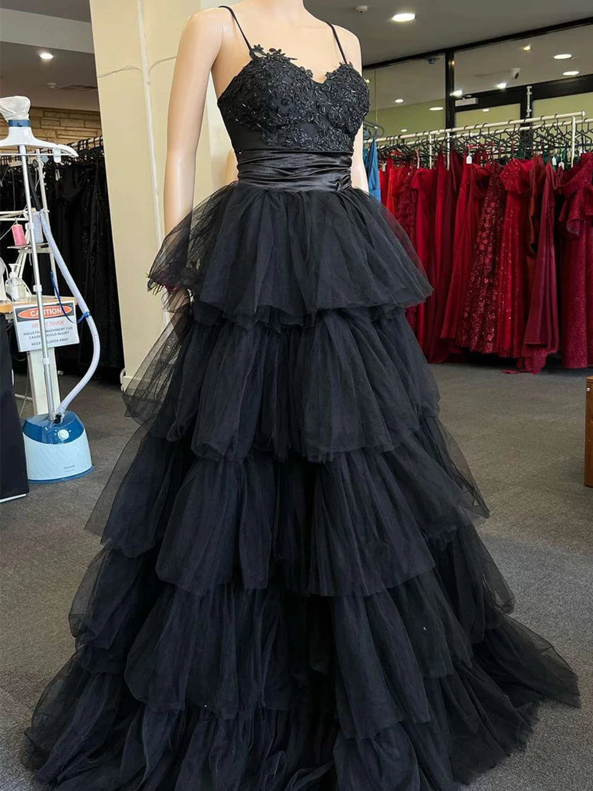 A-line Black Layers Tulle with Lace Straps Party Dress, Black Tulle Prom Dress