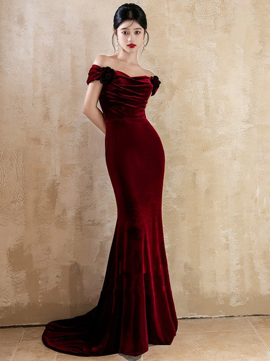 Lovely Velvet Mermaid Off Shoulder Long Prom Dress, Wine Red Wedding Party Dress