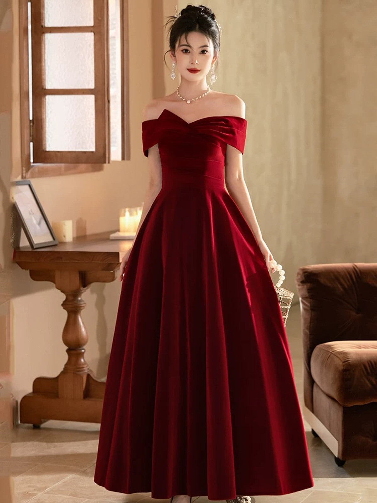 Lovely Wine Red Velvet A-line Off Shoulder Party Dress, Wine Red Velvet Prom Dress