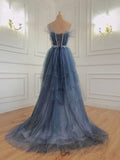 Glam Dark Blue Beaded Long Tulle Party Dress, Dark Blue Prom Dress