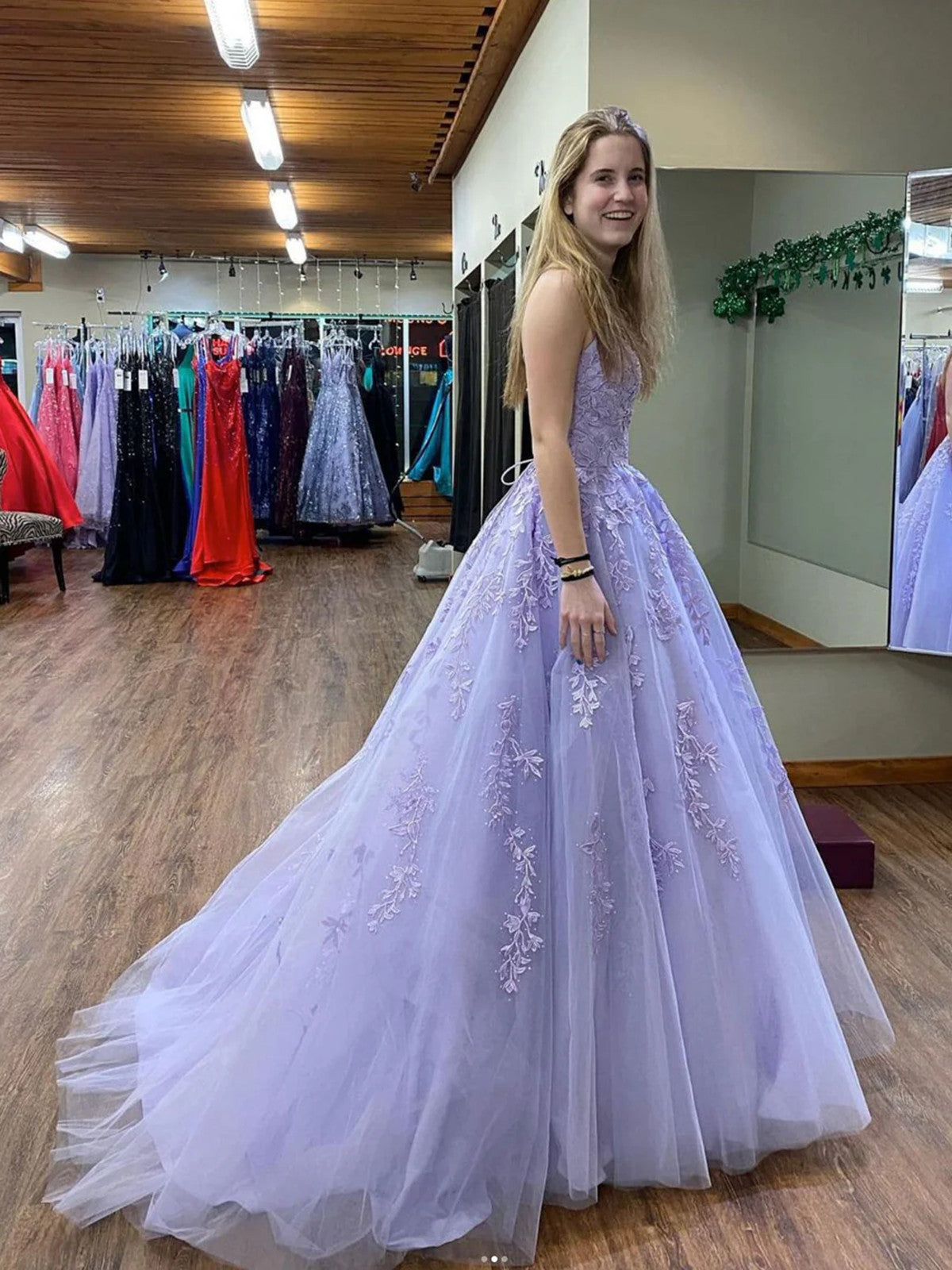 Light Purple Scoop Lace-up Tulle with Lace Party Dress, Light Purple Prom Dress