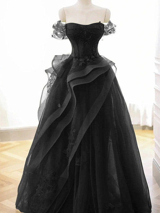 A-line Black Off Shoulder Tulle with Lace Party Dress, Black Tulle Prom Dress