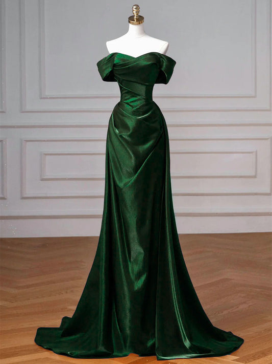 Green Mermaid Satin Off Shoulder Sweetheart Party Dress, Green Satin Evening Dress Prom Dress