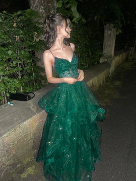 Green V-neckline Tulle with Lace Applique Layers Prom Dress, Green Tulle Long Evening Dress