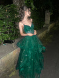 Green V-neckline Tulle with Lace Applique Layers Prom Dress, Green Tulle Long Evening Dress