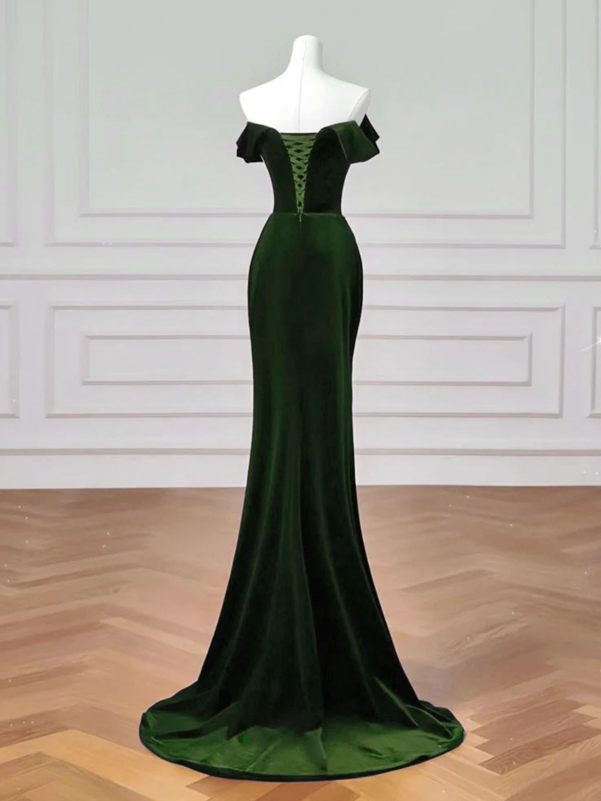 Green Velvet Off Shoulder Mermaid Long Formal Dress, Green Velvet Wedding Party Dress