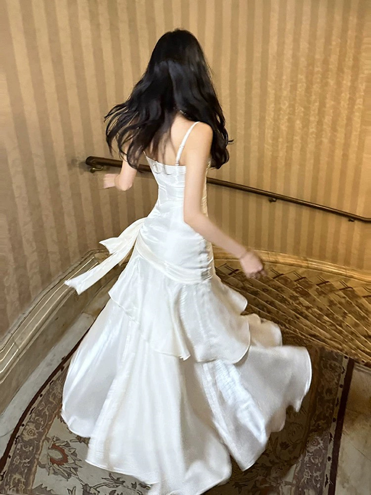 White Satin Sweetheart Mermaid Long Party Dress, White Straps Floor Length Formal Dress
