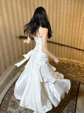 White Satin Sweetheart Mermaid Long Party Dress, White Straps Floor Length Formal Dress