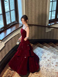 Wine Red Velvet Straps Layers Long Formal Dress, Wine Red Velvet Floor Length Prom Dress