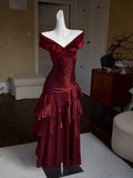 Chic Wine Red Off Shoulder Satin Layers Long Prom Dress, Wine Red V-neckline Evening Dress