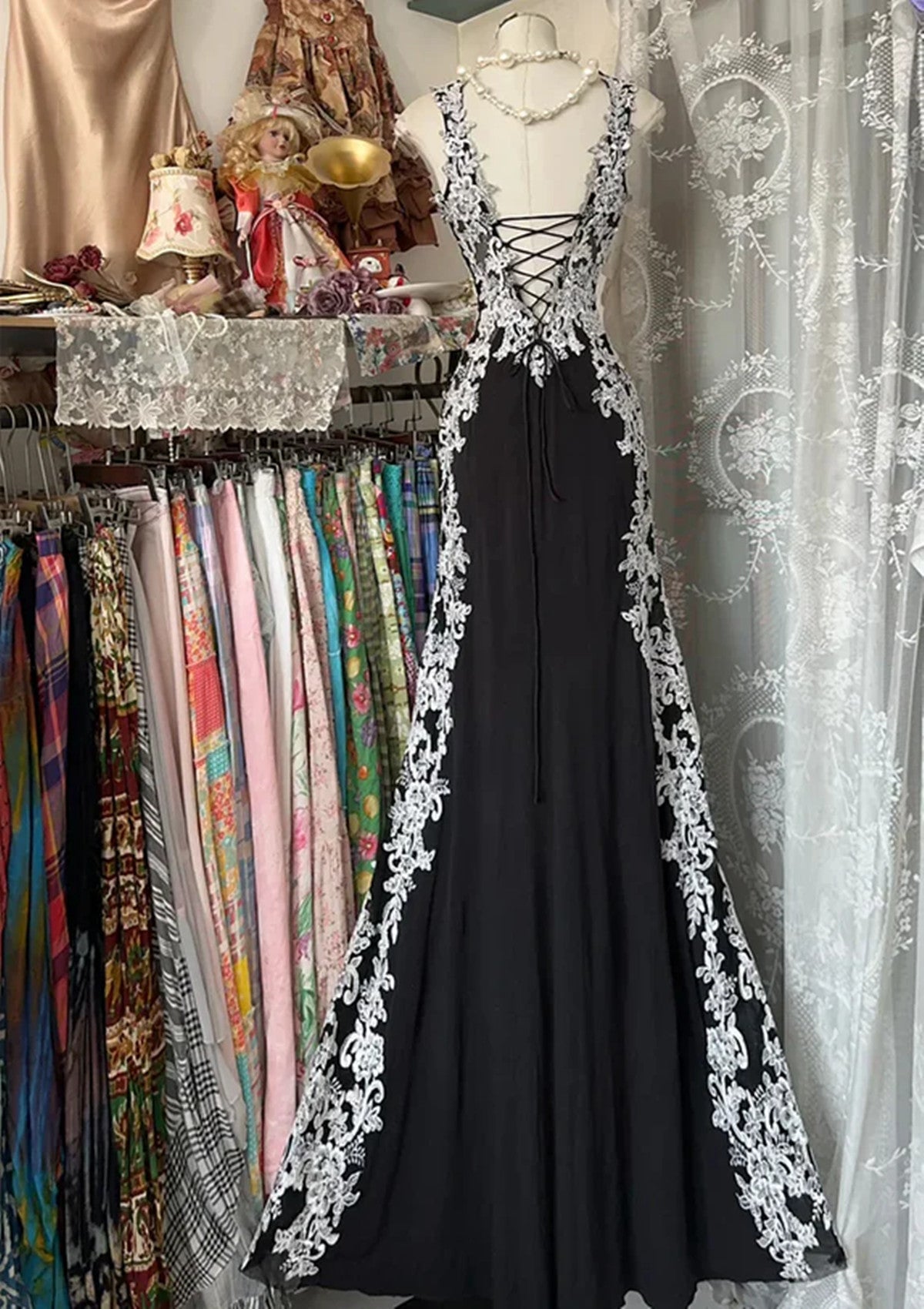 Chic Black Mermaid Spandex Straps with Lace Evening Dress, Black Long  Prom Dress