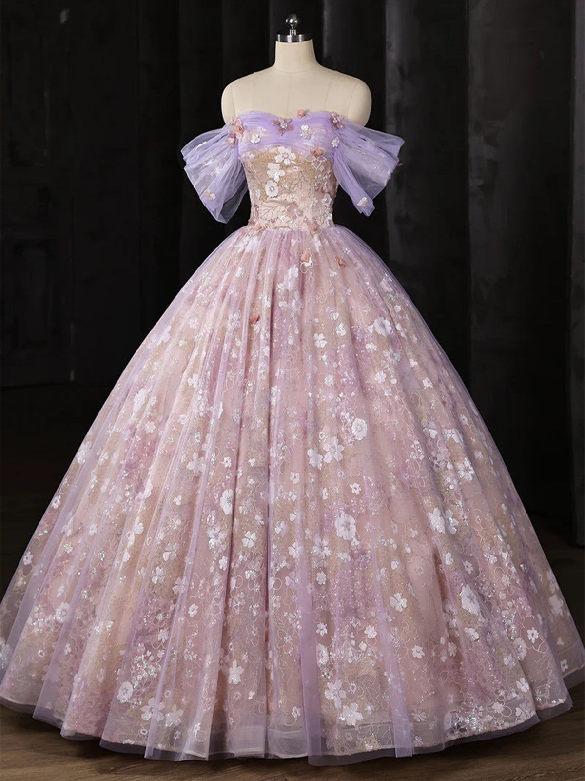 Light Purple Tulle Sweetheart Off Shoulder Party Dress, Light Purple Lace Long Prom Dress