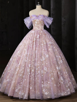 Light Purple Tulle Sweetheart Off Shoulder Party Dress, Light Purple Lace Long Prom Dress
