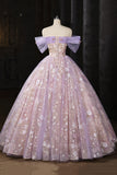 Light Purple Tulle Sweetheart Off Shoulder Party Dress, Light Purple Lace Long Prom Dress