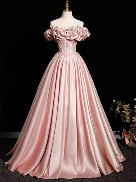 Pink Satin Off Shoulder Long Formal Dress, Pink Beaded A-line Prom Dress Evening Dress