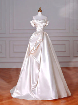 Ivory Satin Off Shoulder Sweetheart Prom Dress, Ivory Satin Long Party Dress Evening Dress