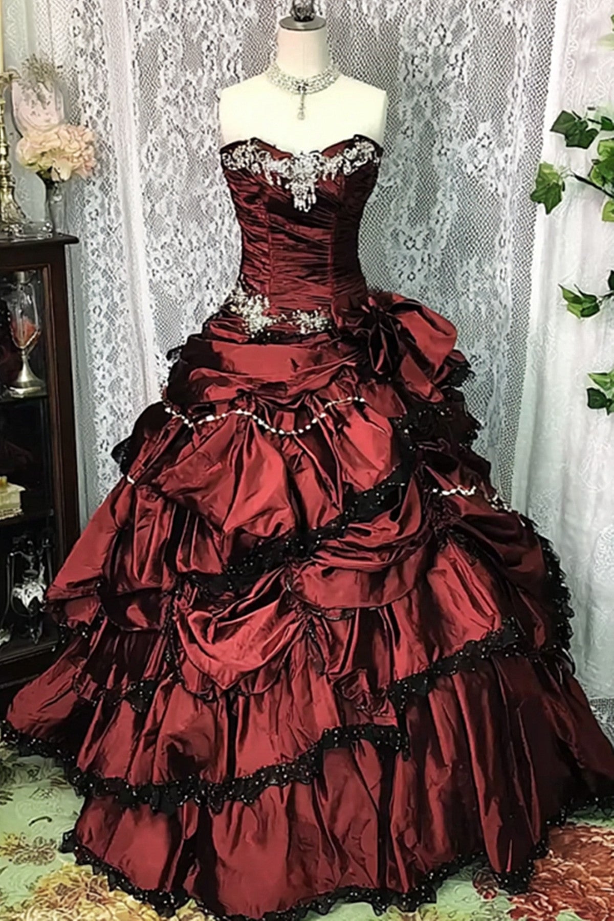 Wine Red Taffeta Sweeetheart Ball Gown Prom Dress, Wine Red Layers Party Dress Evening Dress