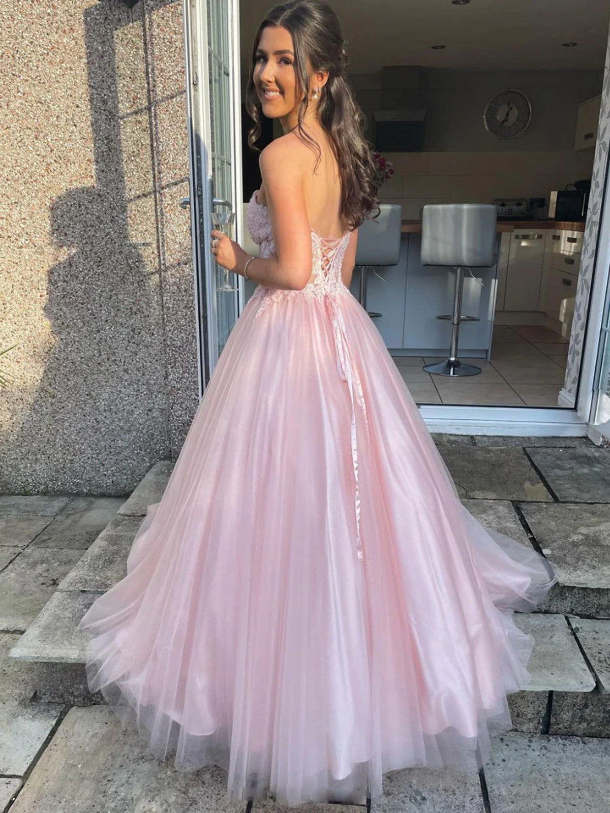 A-line Pink Tulle Sweetheart with Lace Party Dress, Pink Tulle Floor Length Prom Dress