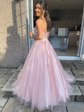 A-line Pink Tulle Sweetheart with Lace Party Dress, Pink Tulle Floor Length Prom Dress