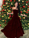 Wine Red Velvet Straps Prom Dress Party Dress, Wine Red Long Evening Dress Formal Dress