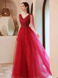 Wine Red V-neckline Tulle Beaded A-line Prom Dress, Wine Red Floor Length Party Dress