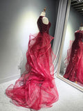 Wine Red Tulle and Sequins Halter Long Party Dress, Wine Red New Style Prom Dress