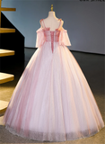 Pink Tulle Off Shoulder Beaded A-line Prom Dress, Pink Tulle Long Party Dress