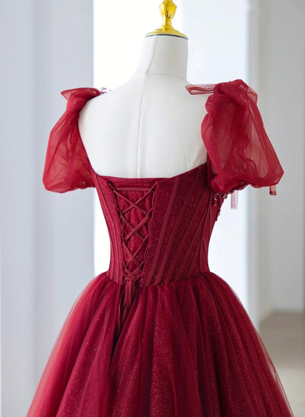 Wine Red Beaded Sweetheart Short Sleeves Party Dress, Wine Red A-line Prom Dress