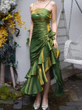 Cute Green Straps High Low Satin Chic Party Dress, Green Prom Dress Evening Dress