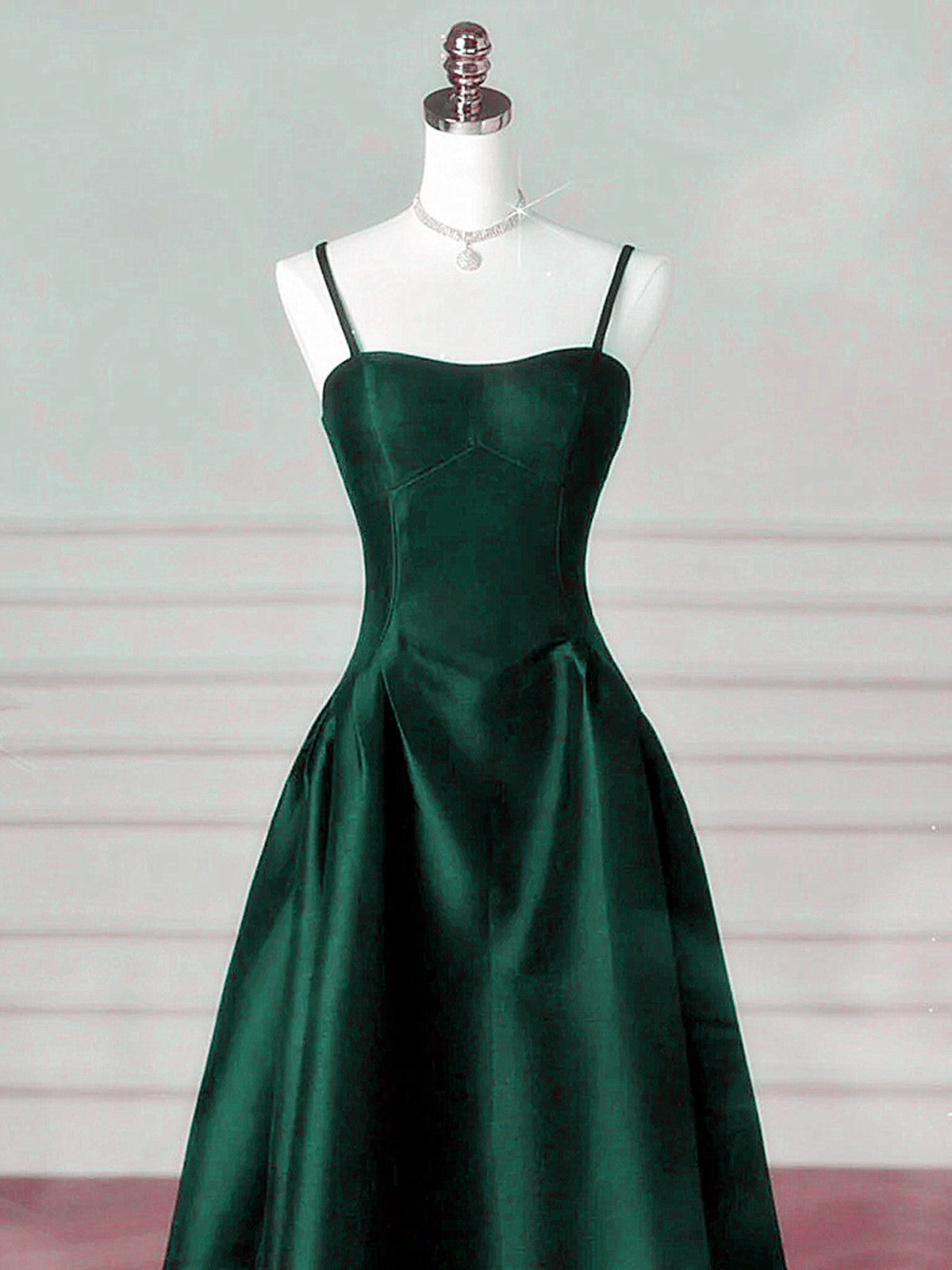 Green Satin Simple A-line Floor Length Party Dress, Green Satin Straps Prom Dress