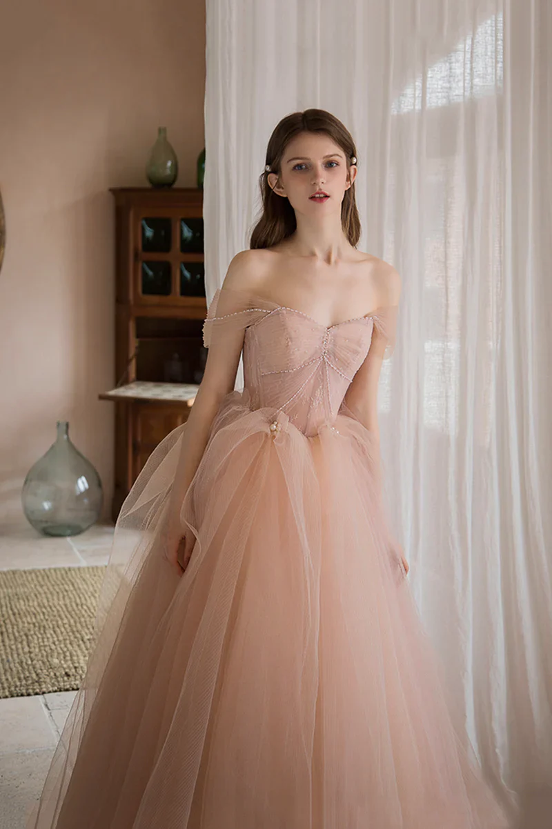 Pink Tulle Off Shoulder Beaded Long Party Dress, Pink Tulle Prom Dress