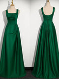 Green Simple Satin A-line Strapls Low Back Prom Dress, Green Satin Evening Dress