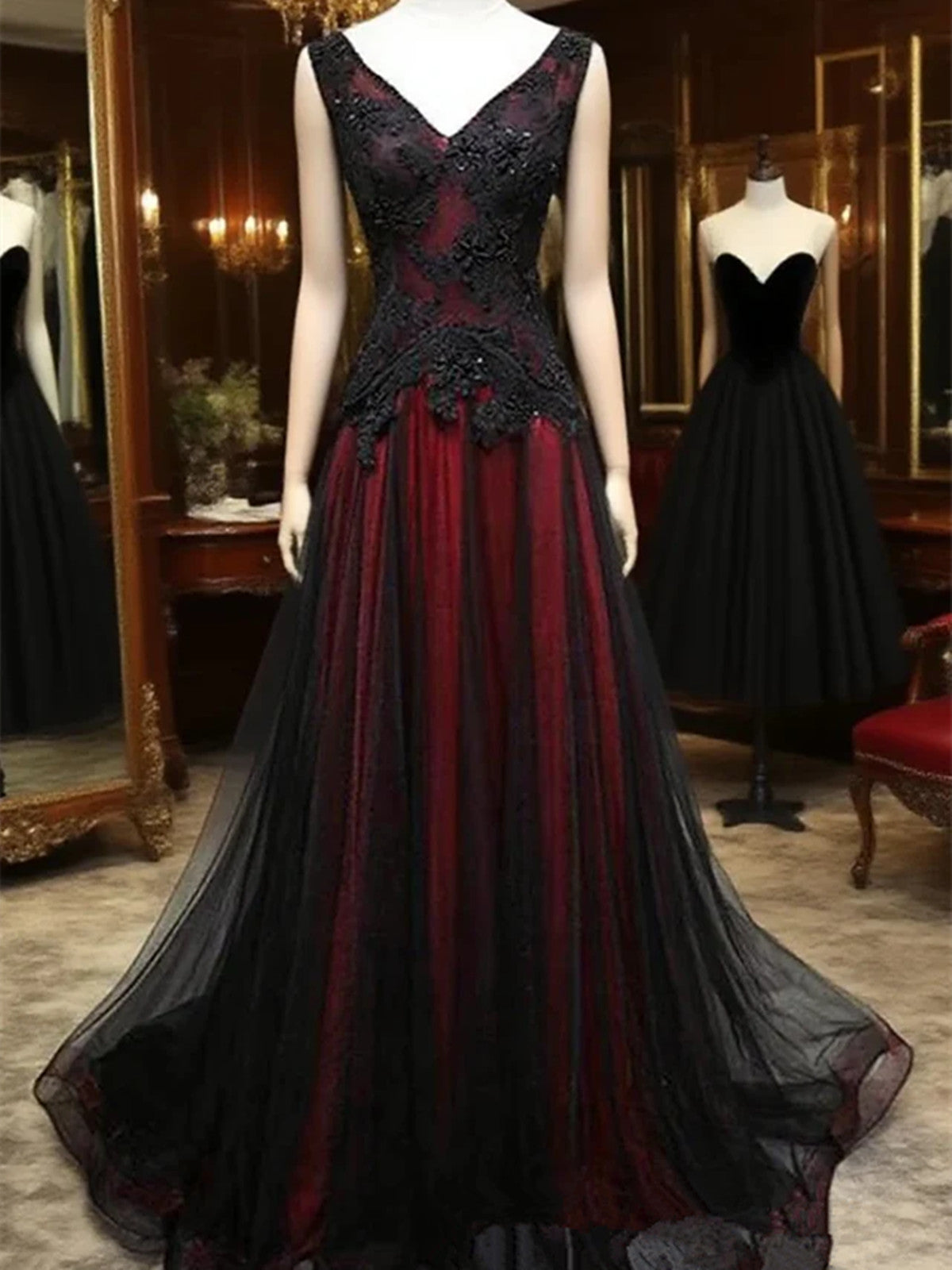 A-line Black and Red Tulle with Lace Floor Length Prom Dress, Black and Red Evening Gown