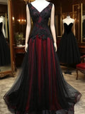 A-line Black and Red Tulle with Lace Floor Length Prom Dress, Black and Red Evening Gown