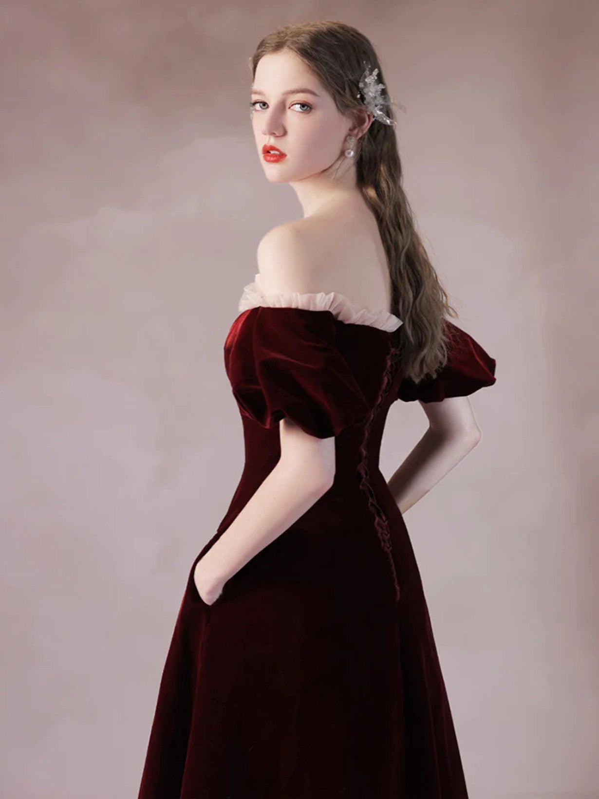 Wine Red Off Shoulder Velvet Long Formal Dress, Wine Red Evening Dress Prom Dress