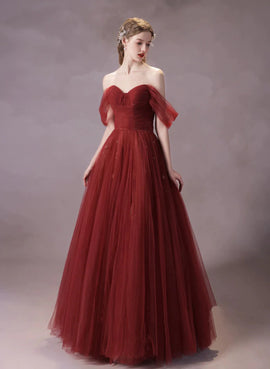 Wine Red Off Shoulder A-line Tulle Prom Dress, Wine Red Tulle Party Dress