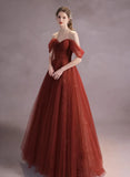 Wine Red Off Shoulder A-line Tulle Prom Dress, Wine Red Tulle Party Dress