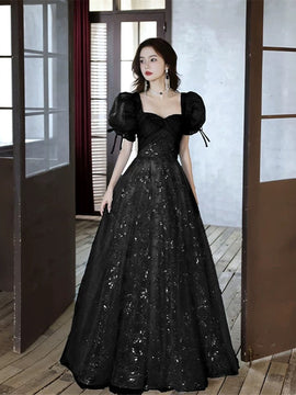 Black A-line Short Sleeves Lace Floor Length Party Dress, Black Sweetheart Prom Dress