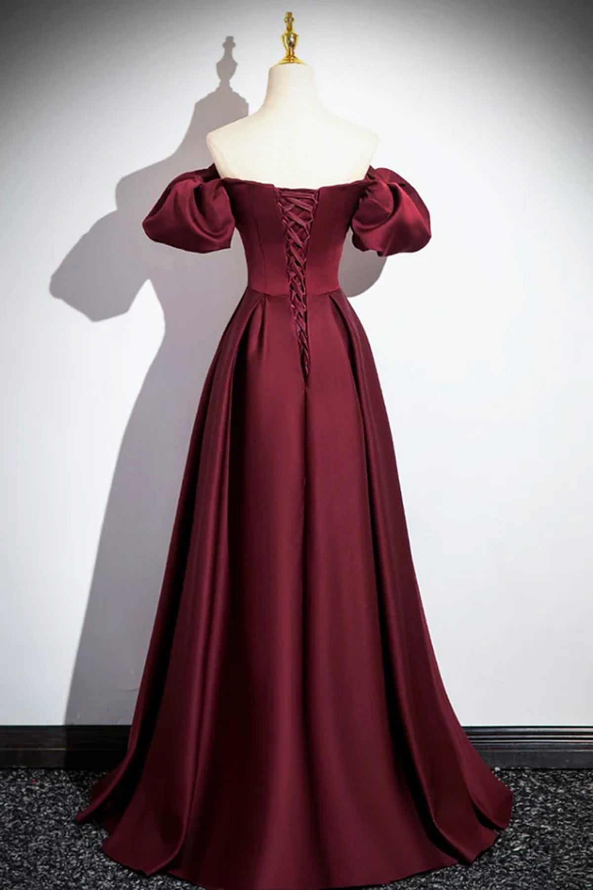 Wine Red Satin A-line Simple Off Shoulder Prom Dress, Wine Red Evening Dress