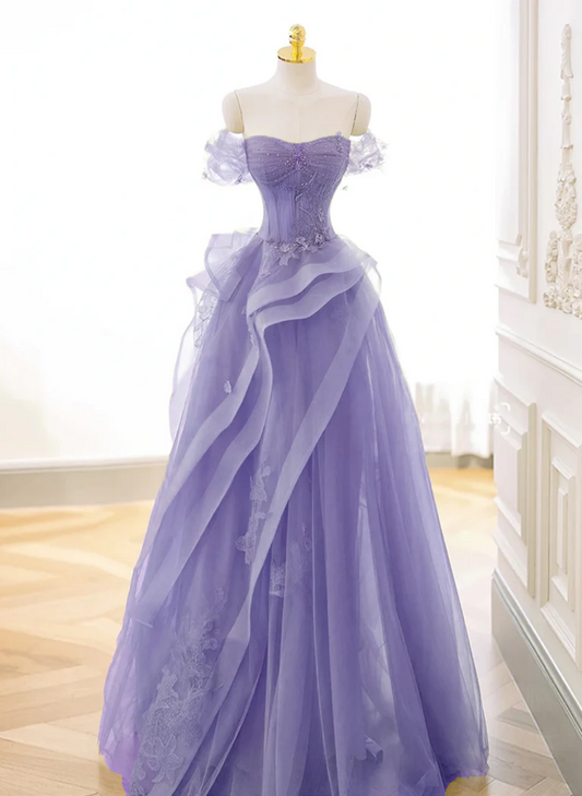 Purple A-line Tulle Off Shoulder  Long Prom Dress, Purple Lace Evening Dress