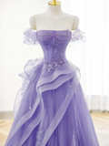 Purple A-line Tulle Off Shoulder  Long Prom Dress, Purple Lace Evening Dress