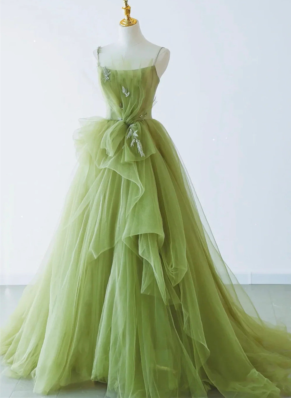 Elegant Green Tulle Straps Long Formal Dress, Green Tulle Evening Dress Party Dress