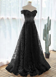 A-line Black Off Shoulder Long Lace Party Dress, Off Shoulder Prom Dress