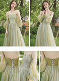 Green Tulle Puffy Sleeves Lace Applique Prom Dress, Green Evening Dress Formal Dress