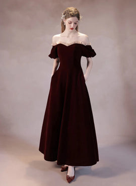 Wine Red Off Shoulder Velvet Long Formal Dress, Wine Red Evening Dress Prom Dress