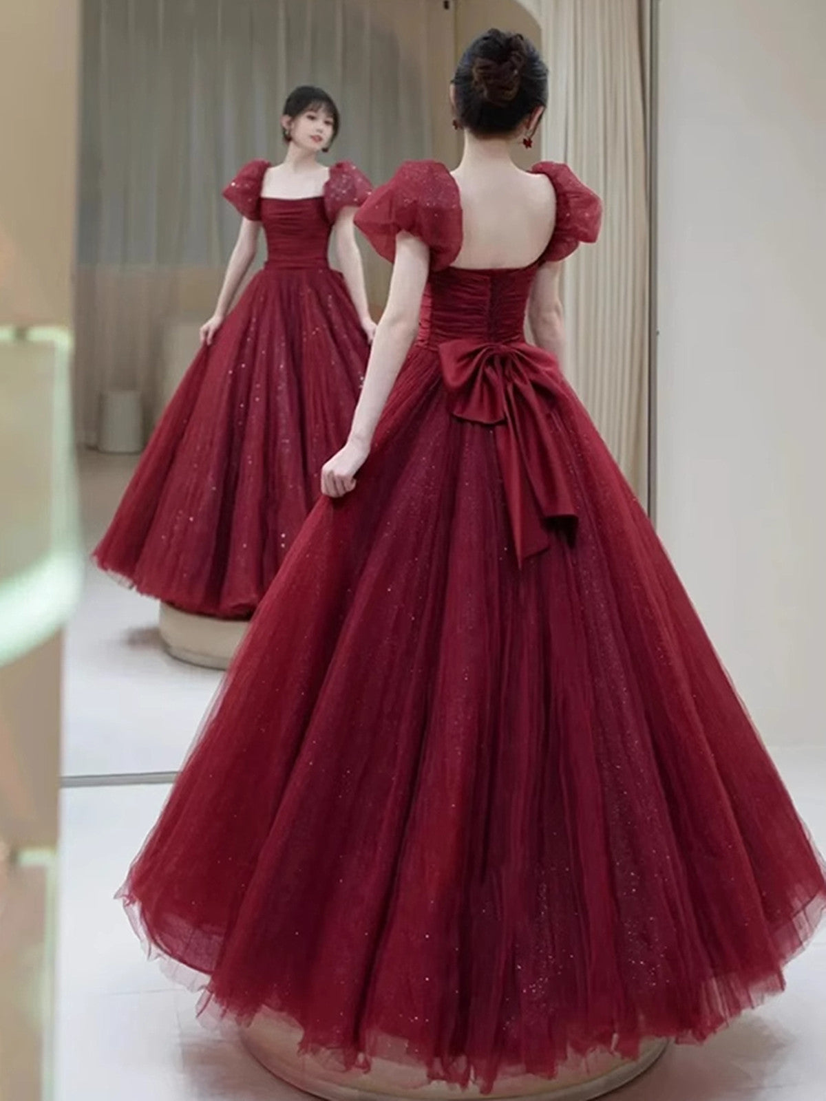 Wine Red Tulle Short Sleeves A-line Tulle Prom Dress, Wine Red Lace-up Long Party Dress