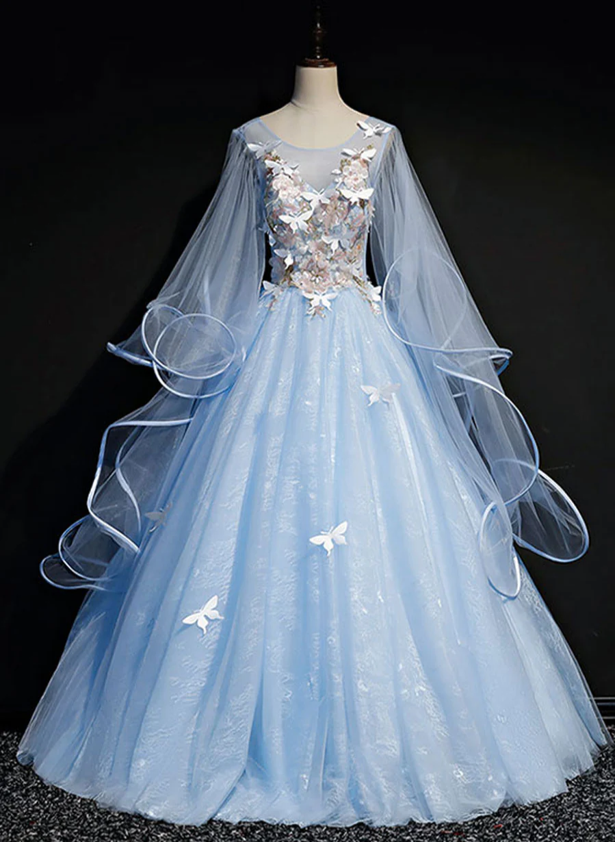 Light Blue Puffy Sleeves Tulle Ball Gown Party Dress, Sweet 16 Dresses Blue Formal Dresses