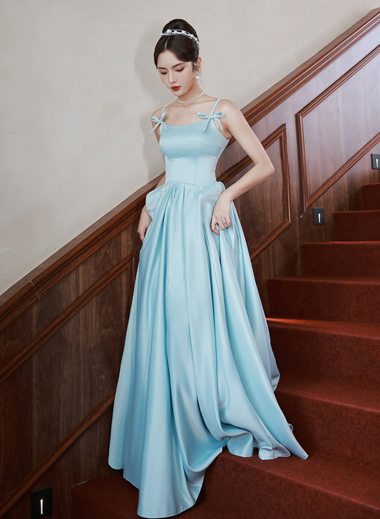 Blue Satin Simple Beaded A-line Straps Formal Dress, Blue Evening Dress Prom Dress