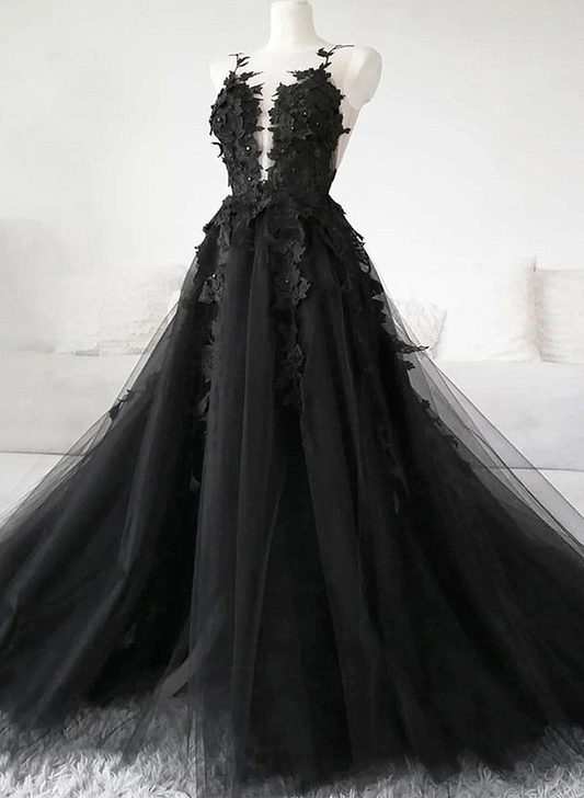 A-line Black Open Back Tulle Lace Floral Formal Dress, Black Long Prom Dress Party Dress