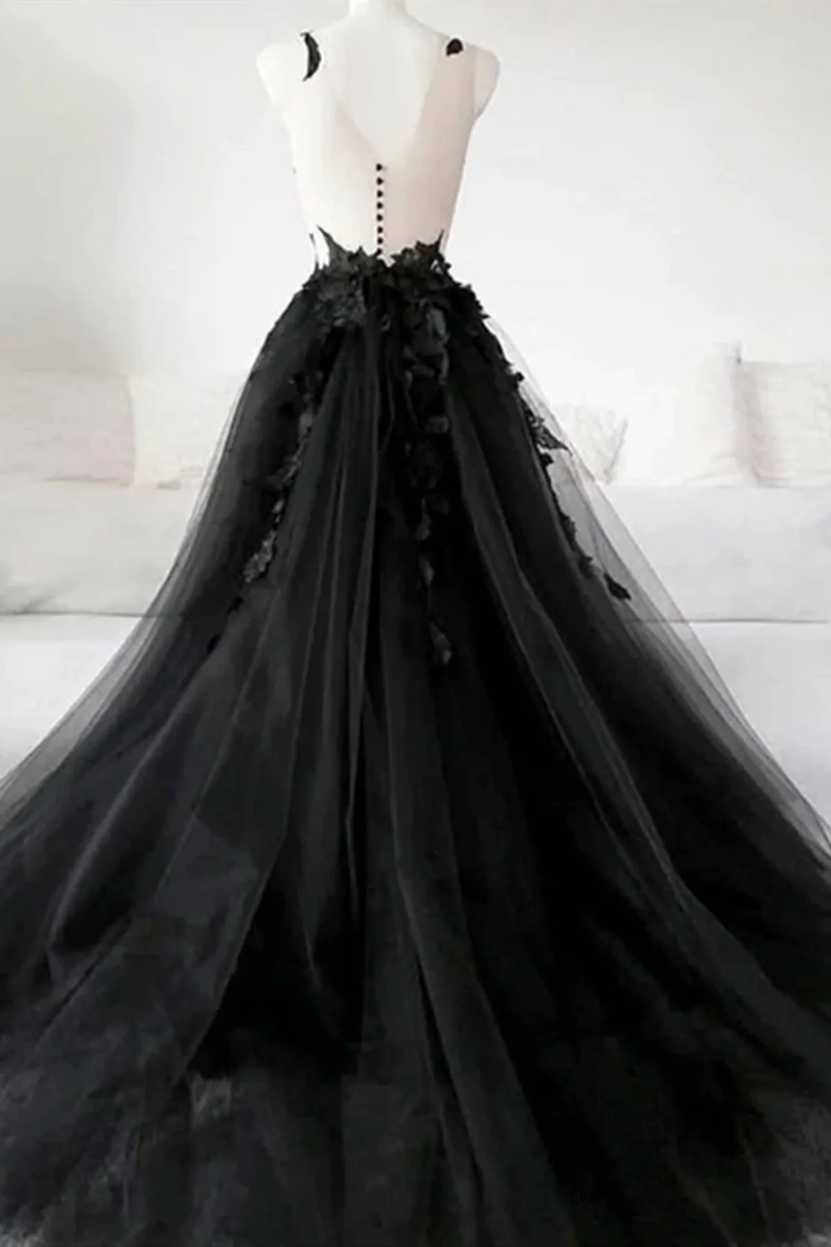 A-line Black Open Back Tulle Lace Floral Formal Dress, Black Long Prom Dress Party Dress